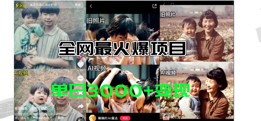 全网爆火的AI让老照片动起来教程，蹭热点日赚3000+，内含免费工具一键生成-风歌资源网