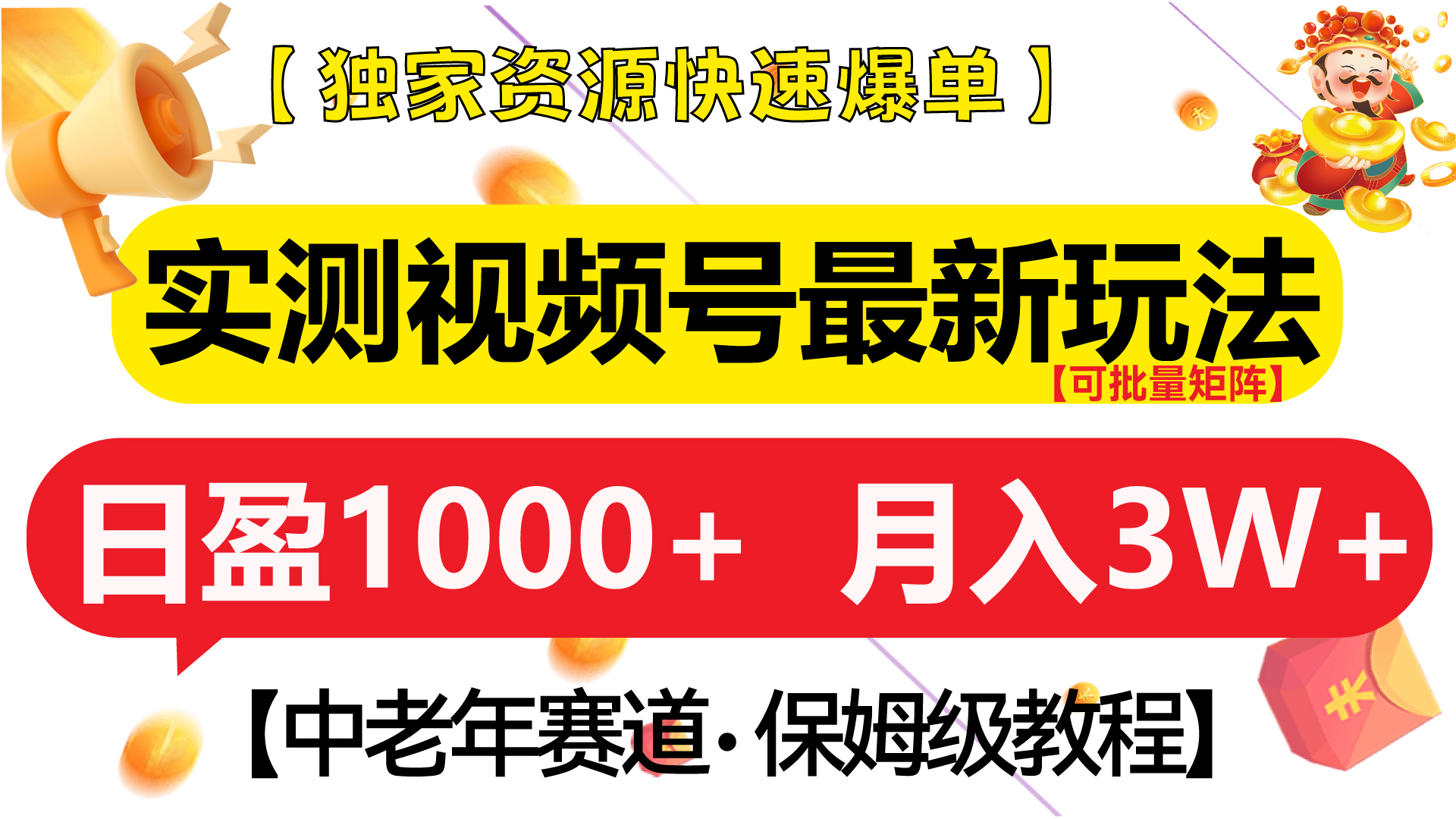 实测视频号最新玩法 中老年赛道独家资源快速爆单  可批量矩阵 日盈1000+  月入3W+  附保姆级教程-风歌资源网